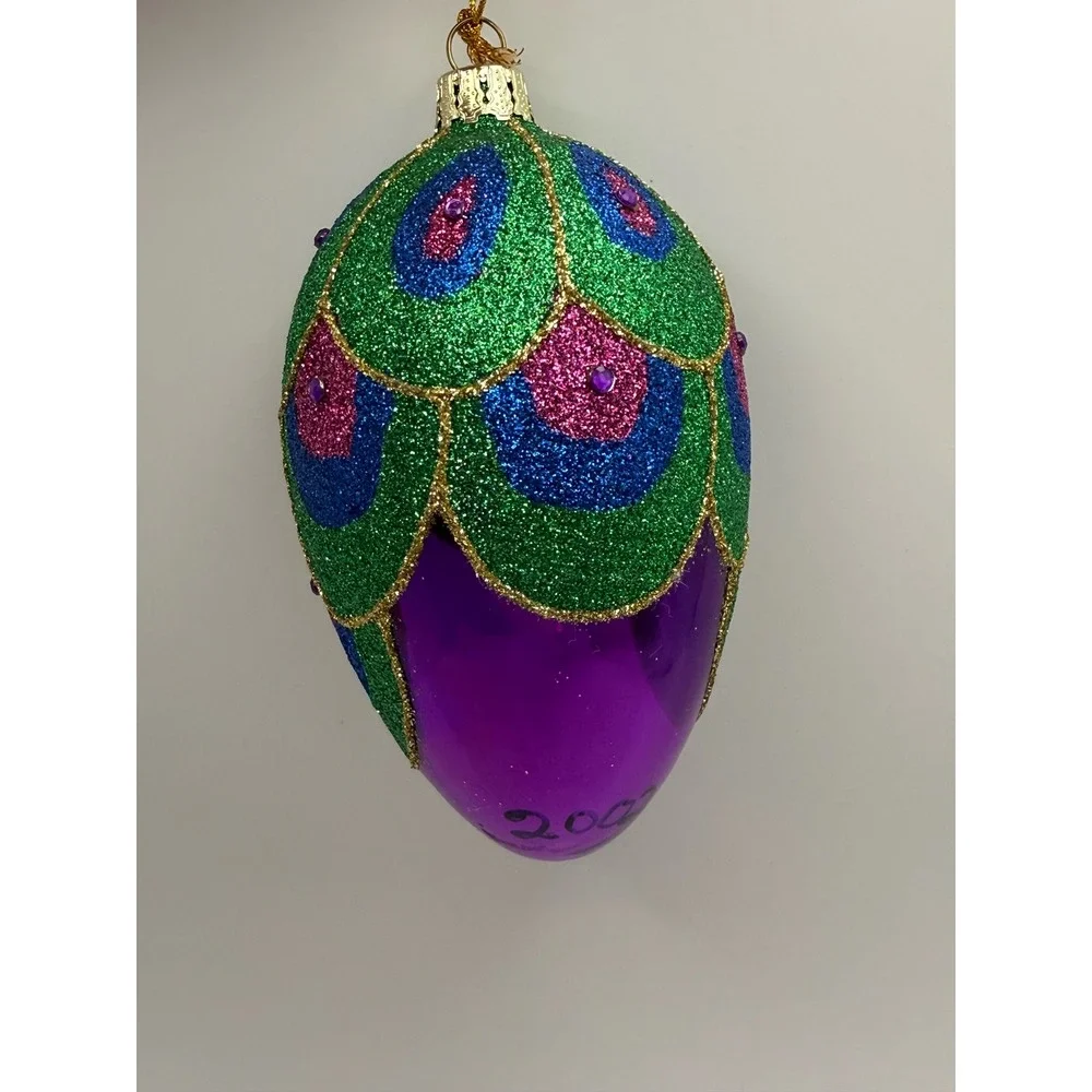 Vintage 2002 Glitter Peacock Glass Egg Christmas Ornament Purple Green Blue
